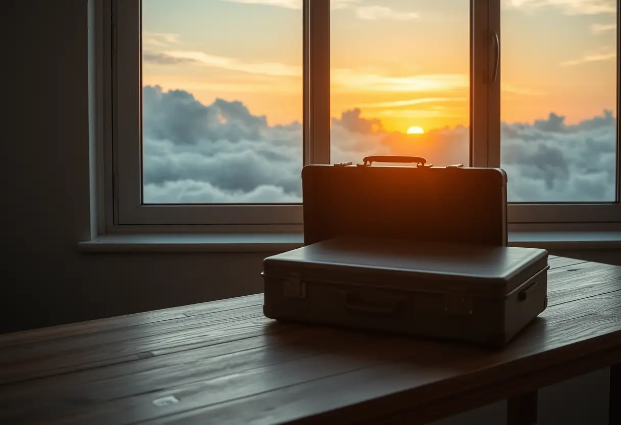 Une valise rectangulaire fermée posée sur une table en bois près d'une fenêtre ouverte montrant des nuages à la tombée de la nuit