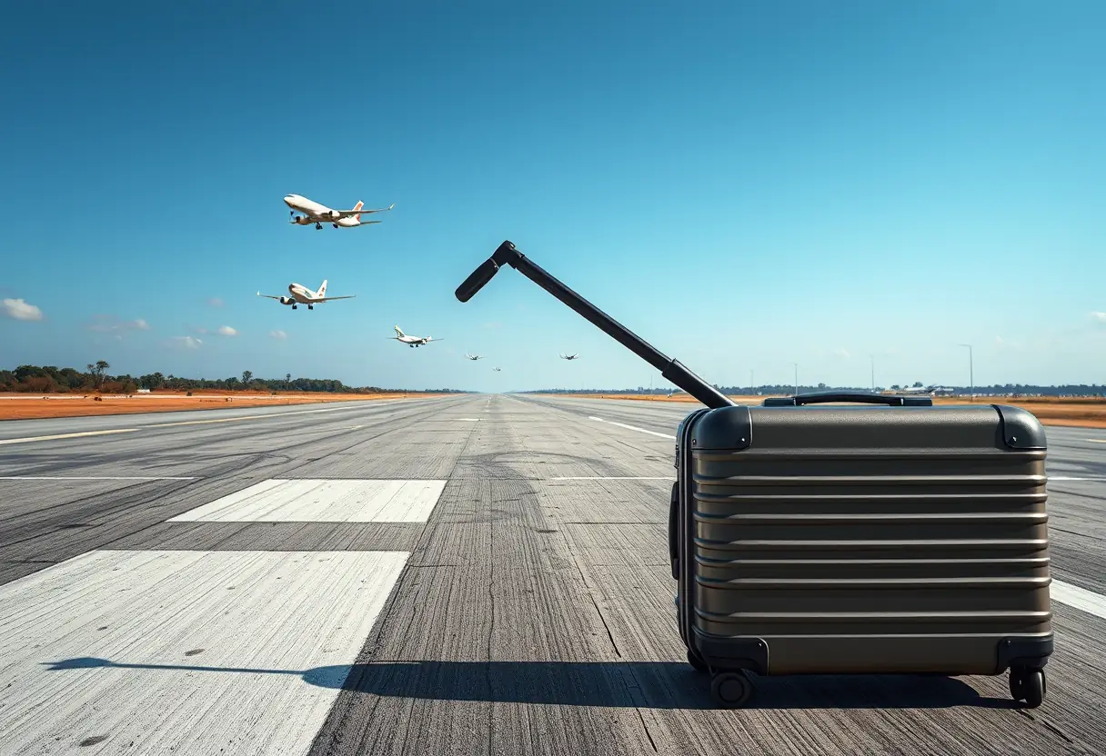 Un manche télescopique étendu d'une valise rigide posée sur un tarmac, avec des avions décollant à l'horizon