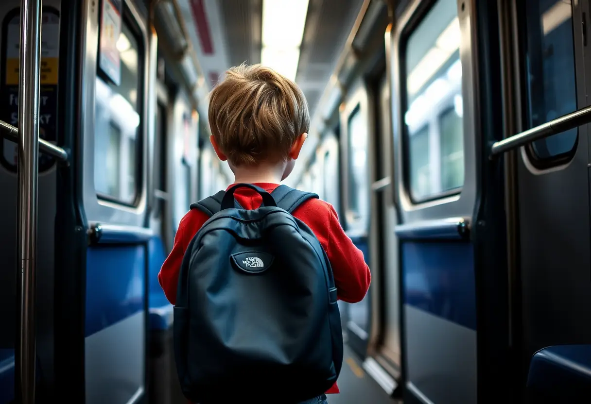 Un enfant place son sac à dos sur la barre à bagages d'un train.