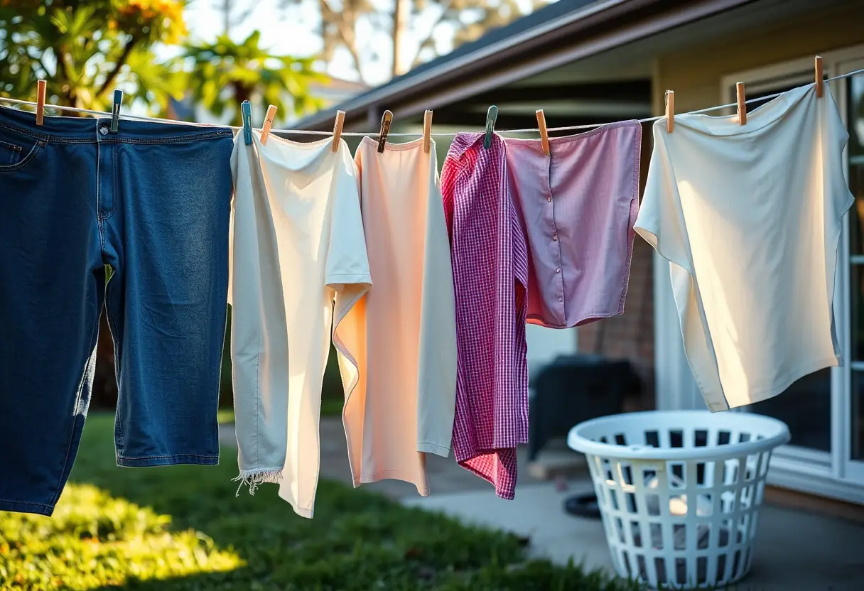 Un linge suspendu sur une corde à linge sous le soleil de l'après-midi