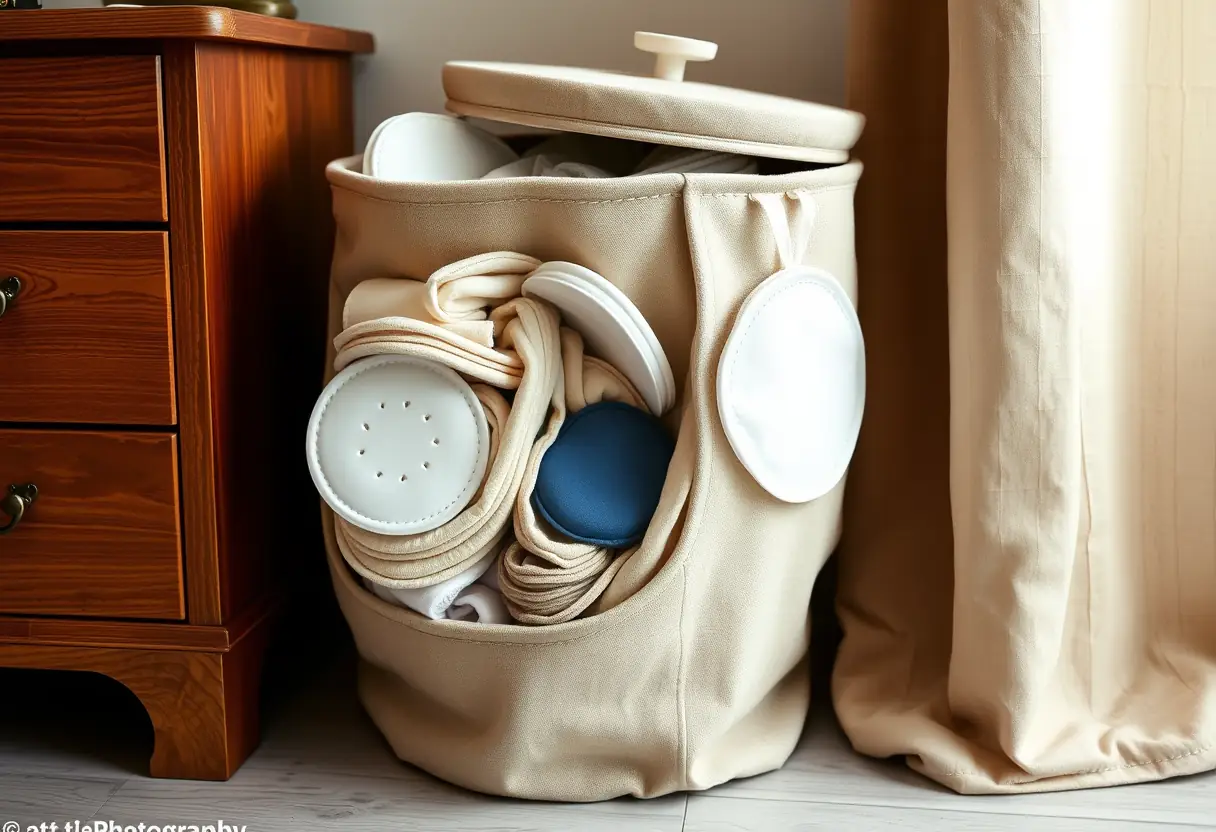 Un grand seau en tissu rempli de lingettes réutilisables