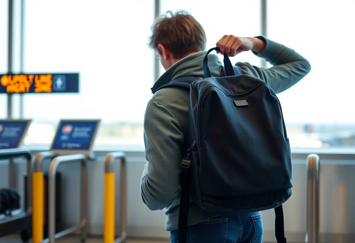 Un passager referme saucette la fermeture éclair d'un sac à dos en toile près d'une porte d'embarquement d'avion
