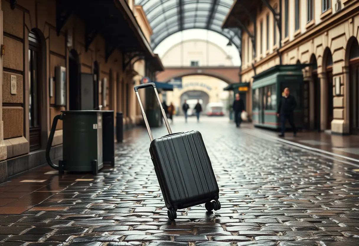 Une main pousse un rouleau de valise en polycarbonate sur des pavés mouillés devant une gare européenne ancienne