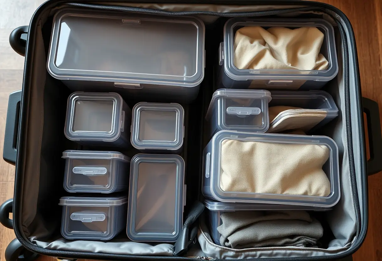 Des cubes de rangement en polycarbonate bien organisés à l'intérieur d'une grande valise, vue du dessus