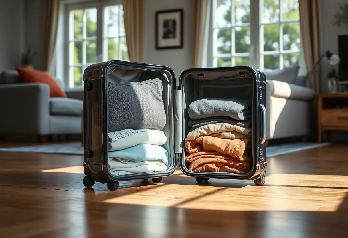 Une valise en polycarbonate ouverte sur un plancher en bois dur dans un salon, montrant des vêtements pliés avec soin à l'intérieur