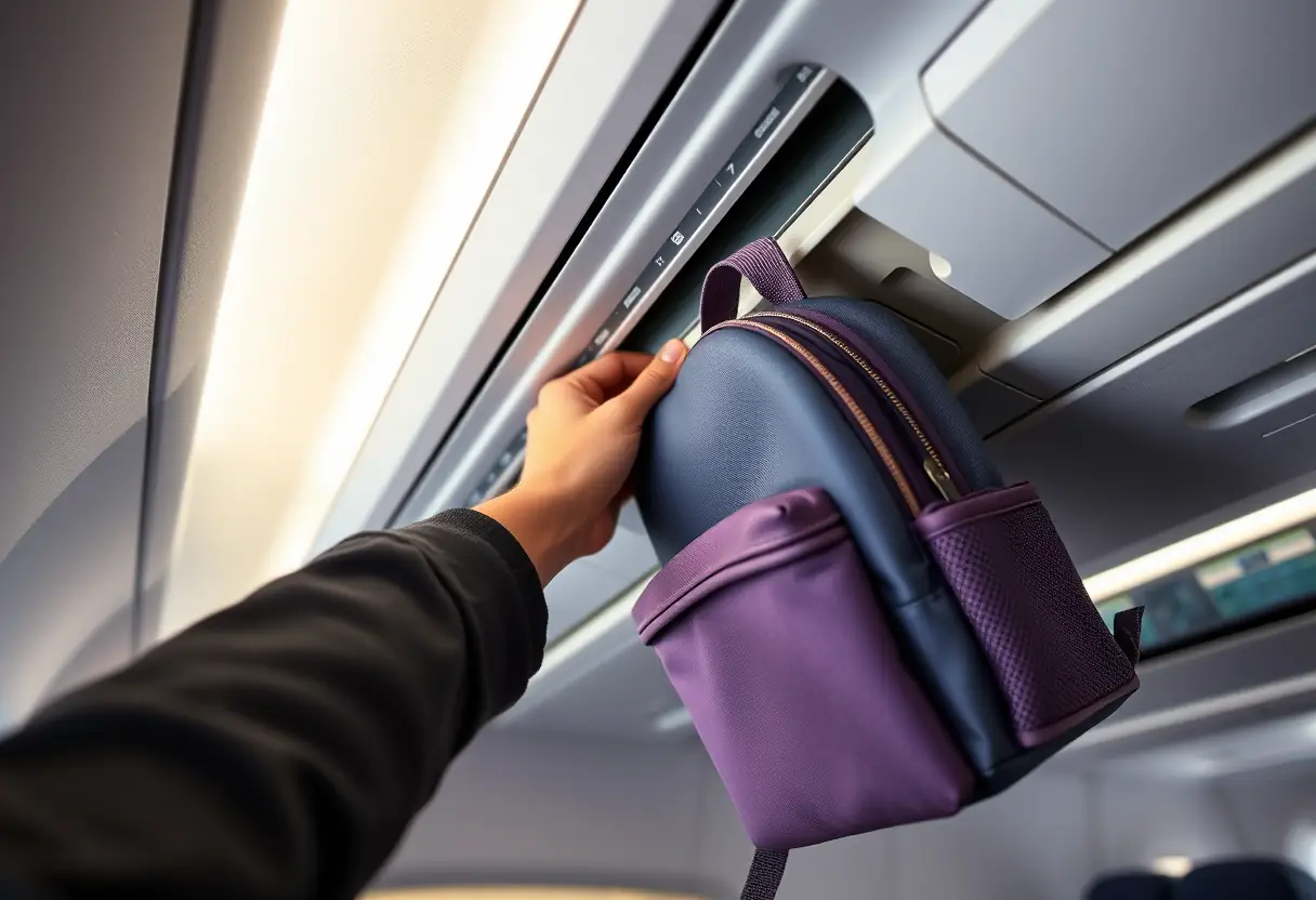 Un sac à dos enfant est placé dans un compartiment de soute d'avion par une main