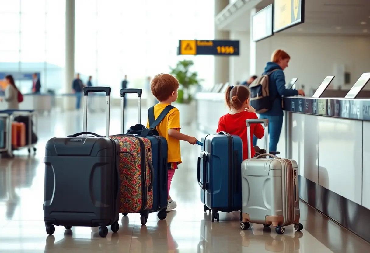 Des valises d'enfants sont alignées près d'un comptoir d'enregistrement à l'aéroport