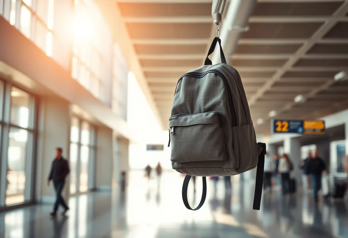 Un sac à dos en toile accroché à un crochet dans une gare aérienne bondée au milieu de l'après-midi