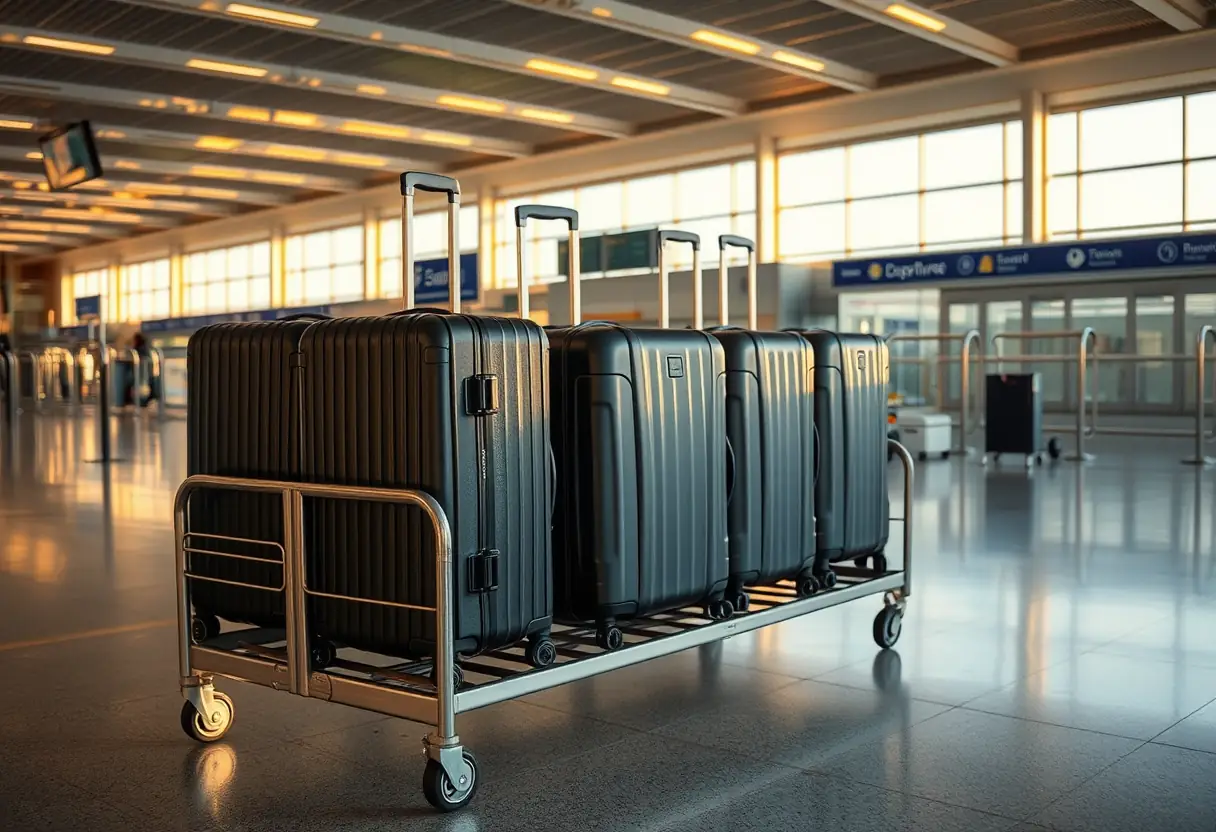 Un porte-bagages métallique dans une salle de départ d'aéroport avec plusieurs valises cabines en coque souple soigneusement disposées, la lumière du soir créant de longues ombres