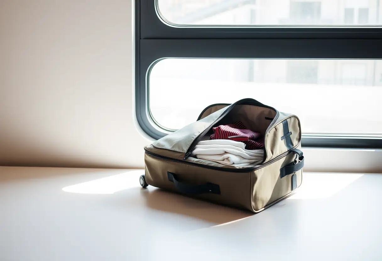 Un sac de cabine souple posé sur une surface plane, partiellement ouvert pour révéler des vêtements pliés avec soin