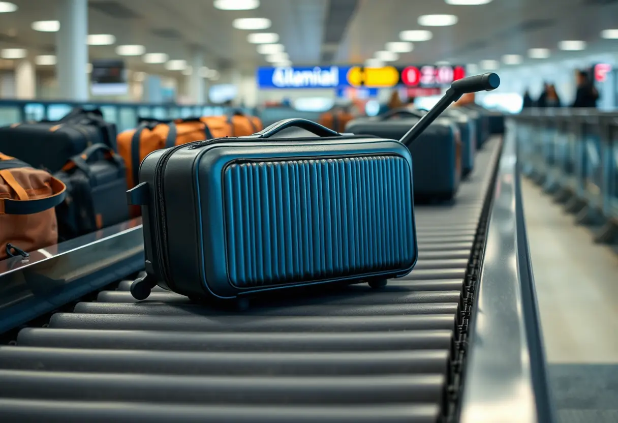 Un porte-bagages étendu sur un tapis de bagagerie à l'aéroport, entouré de plusieurs autres valises