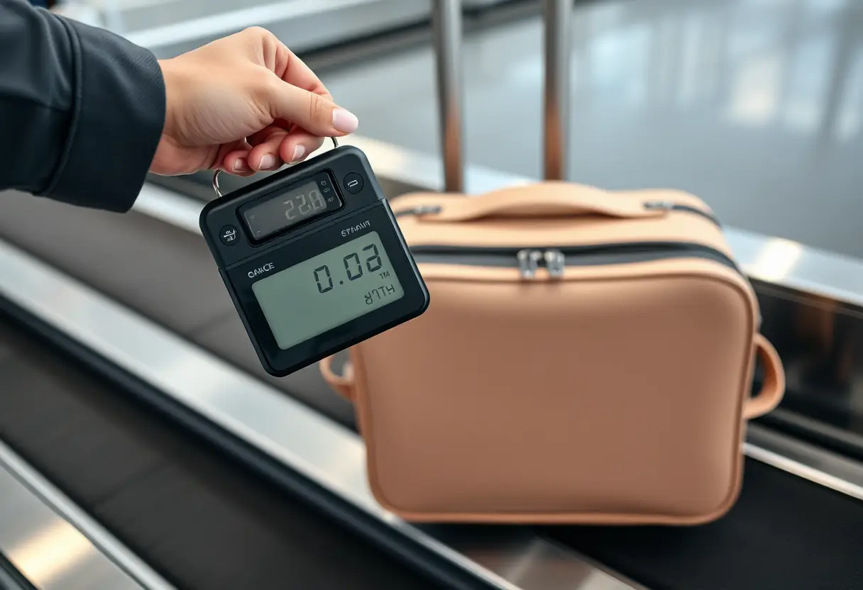 Une main tenant un poids de bagage portable près d'une valise cabine sur un tapis de bagagerie