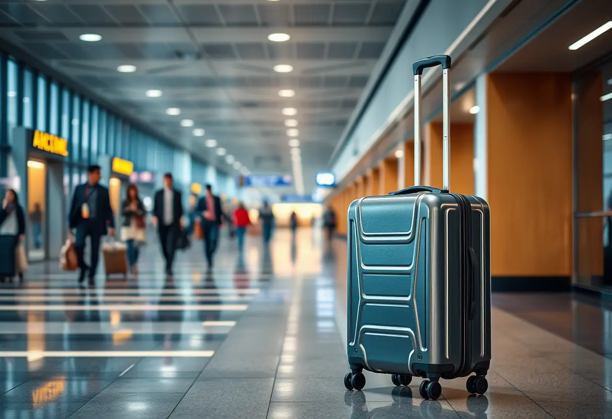 Un manche télescopique étendu sur un couloir d'aéroport bondé, la valise rigide est posée sur ses roues