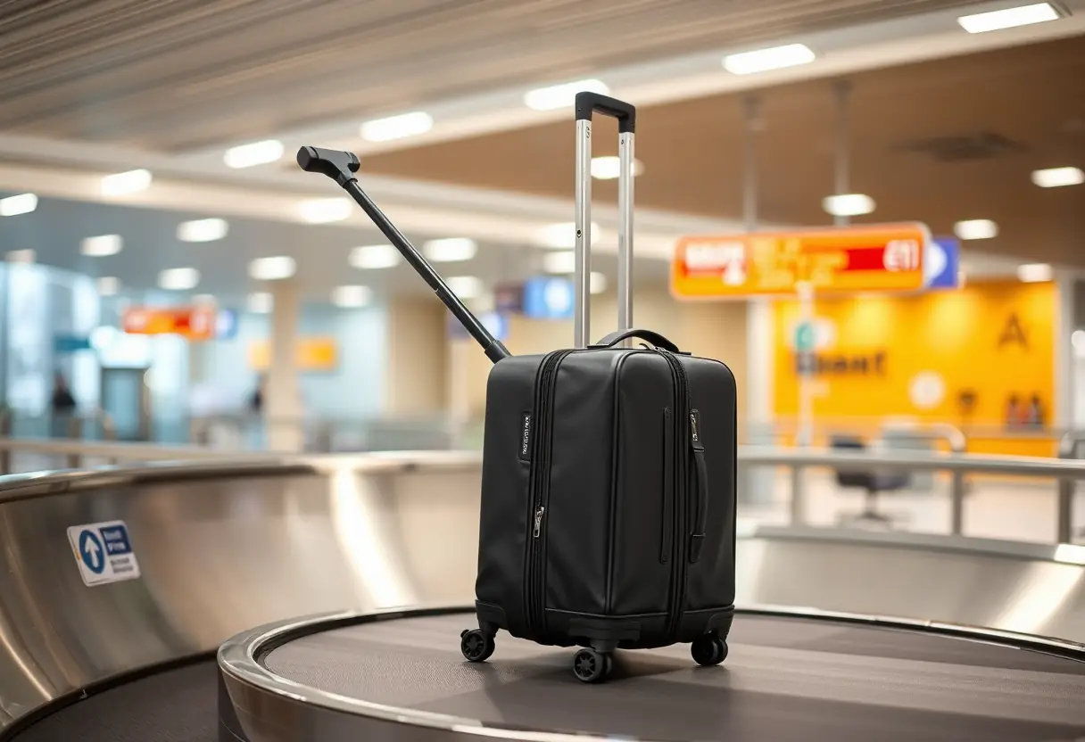 Un poussoir déployé sur une valise cabine posée sur un tapis roulant d'aéroport