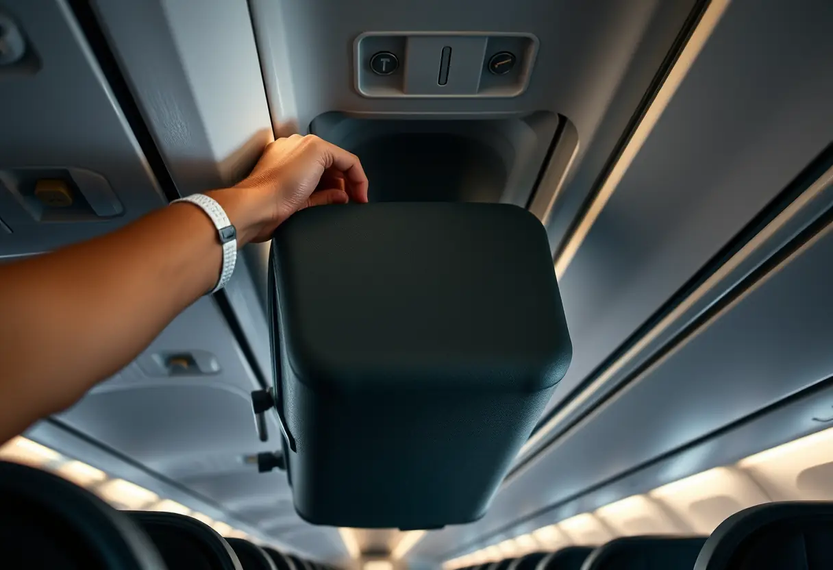 Une main tenant une valise qu'on hisse dans un compartiment au-dessus des sièges en avion