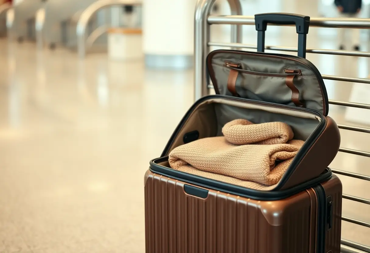 Une valise cabine moyenne rigide posée à côté d'un porte-bagages métallique dans un aéroport, avec un pull roulé plié de manière soignée à l'intérieur du couvercle ouvert