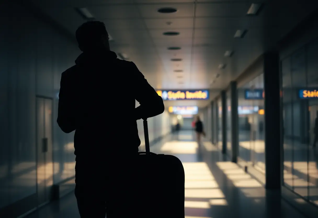 La silhouette d'une personne zippant une valise cabine doublée dans un couloir de terminal d'aéroport mal éclairé, la réflexion des néons projetant des ombres sur les murs