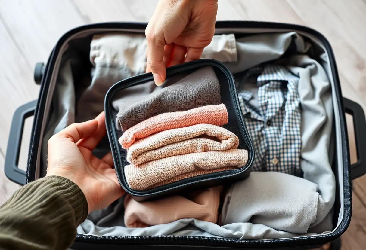 Une main tient un compartiment de rangement rempli de vêtements pliés dans une valise