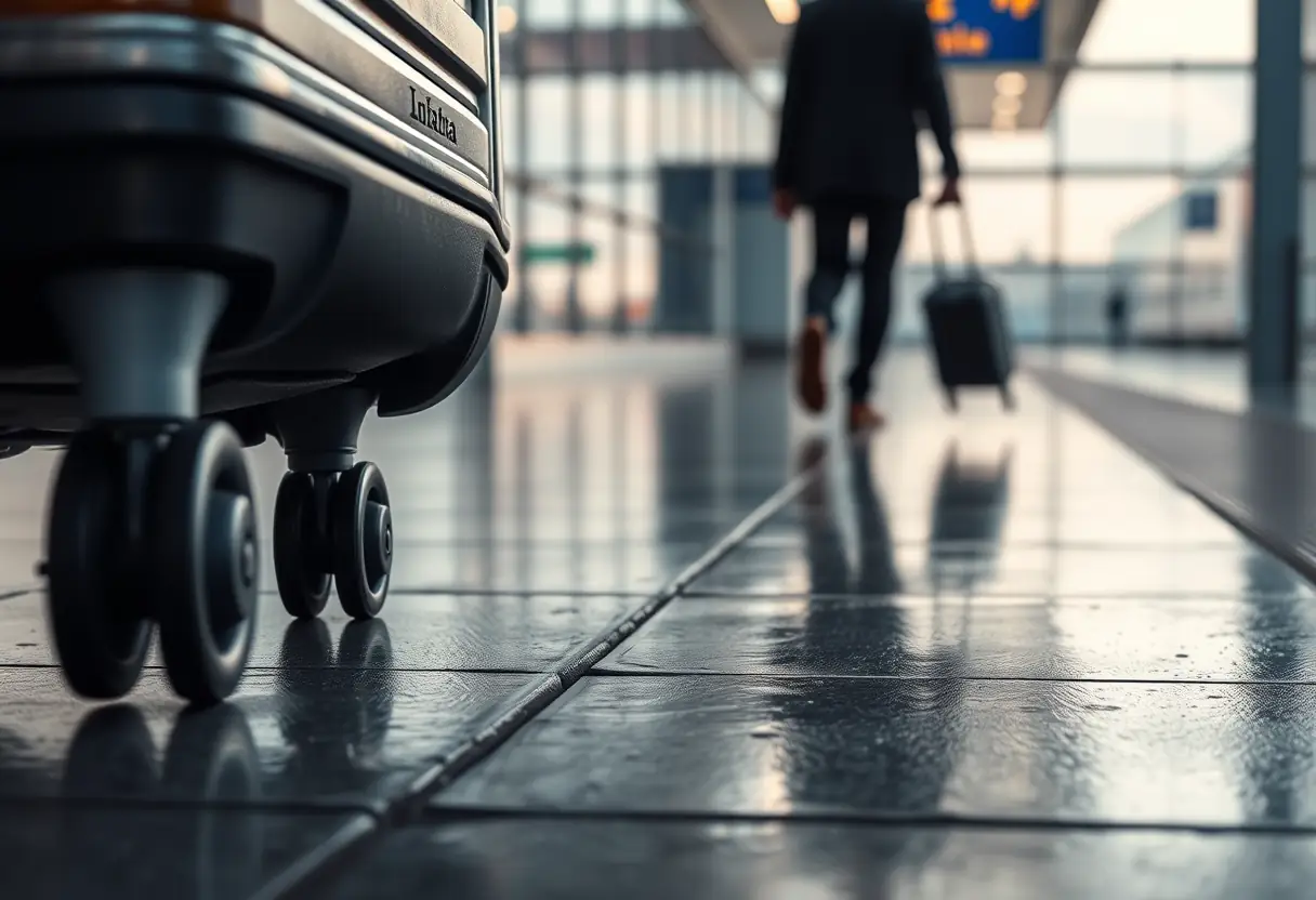 Des roues de valise tournent sur un trottoir mouillé à l'aéroport, une silhouette lointaine transporte un petit sac de voyage