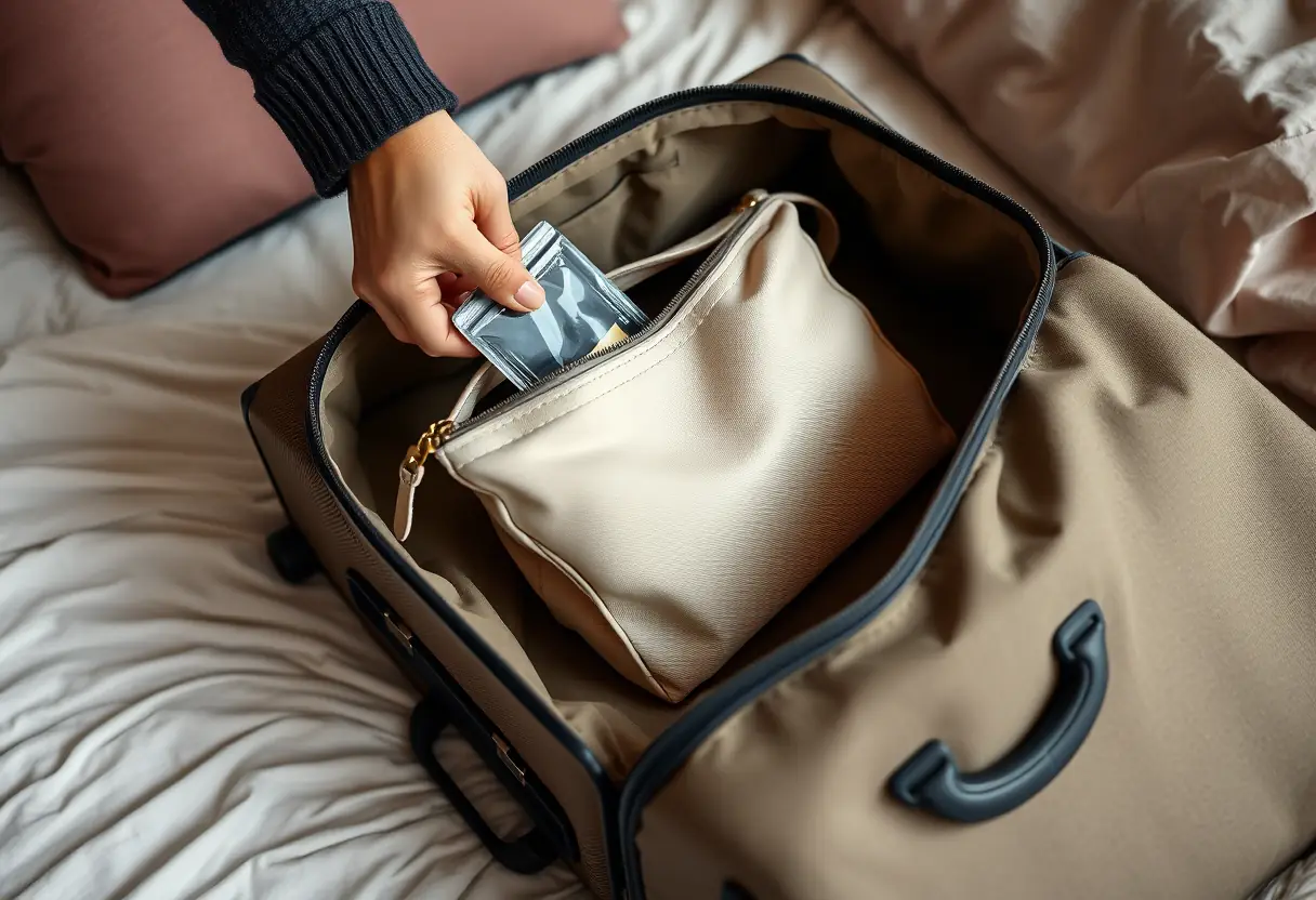 La main d'un voyageur placant un petit sac de toilette en tissu dans une valise plus grande également en tissu, toutes deux posées sur un lit à la maison