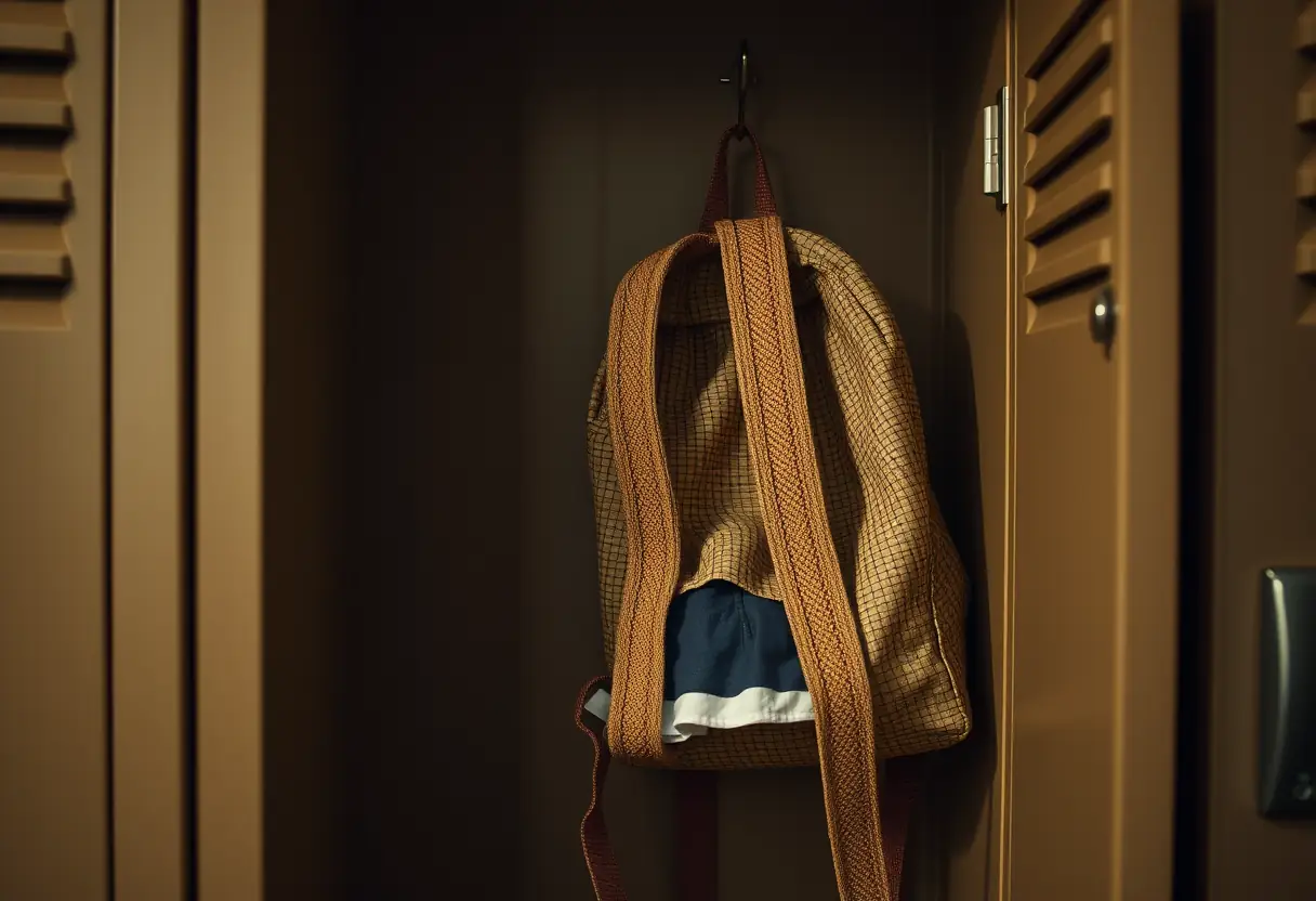 Un sac à dos en toile accroché à un portemanteau dans un casier sombre, les sangles sont posées sur une chemise pliée à l'intérieur