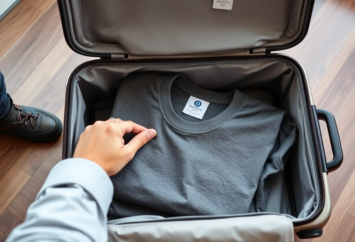 La main d'un voyageur pose un tee-shirt plié avec soin dans un compartiment ouvert d'une valise