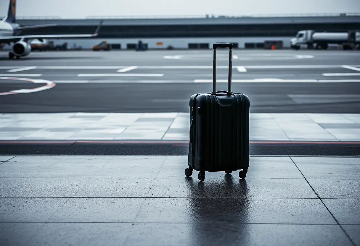 Les roues d'une valise tournent sur un bitume mouillé d'aéroport tandis que la valise attend seule au bord du trottoir
