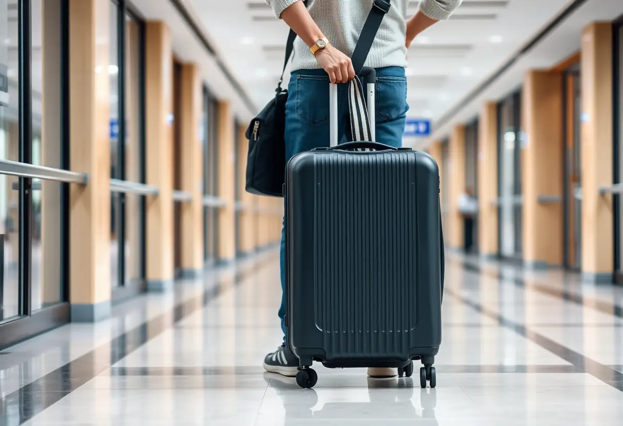 Un voyageur ajuste l'épaulette de son sac à roulettes dans un couloir d'aéroport