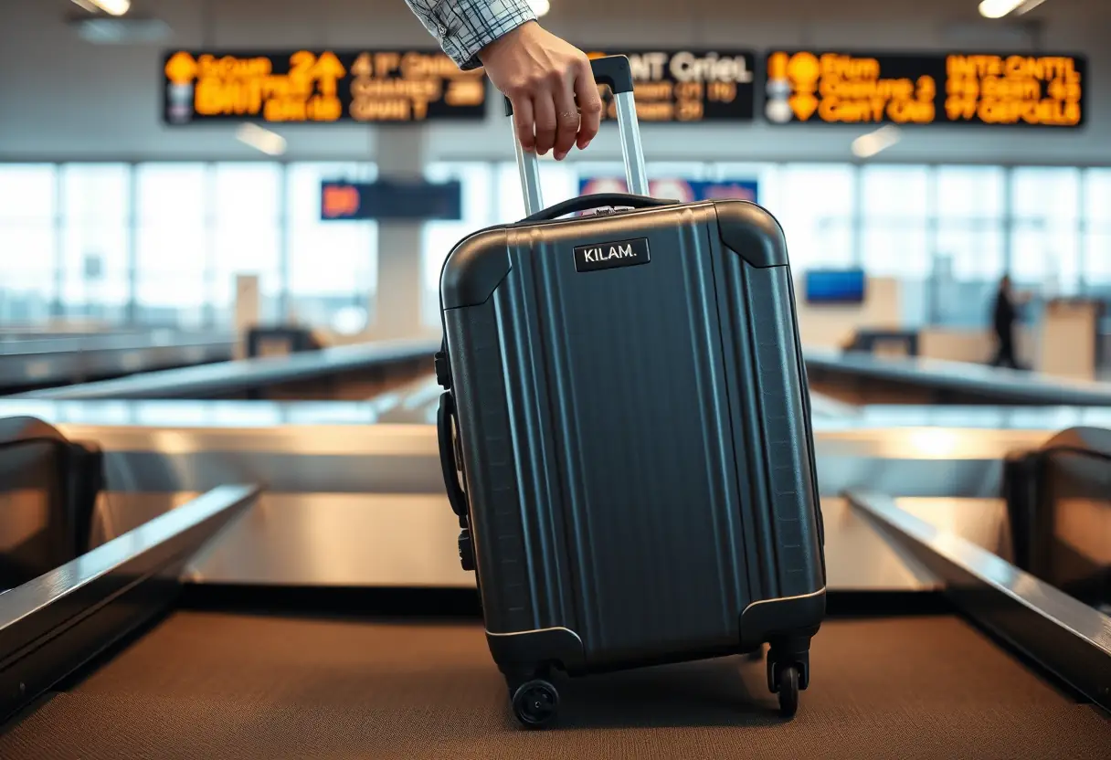 La main d'une personne pose une valise moyenne sur un tapis roulant de bagages dans un terminal aéroportuaire