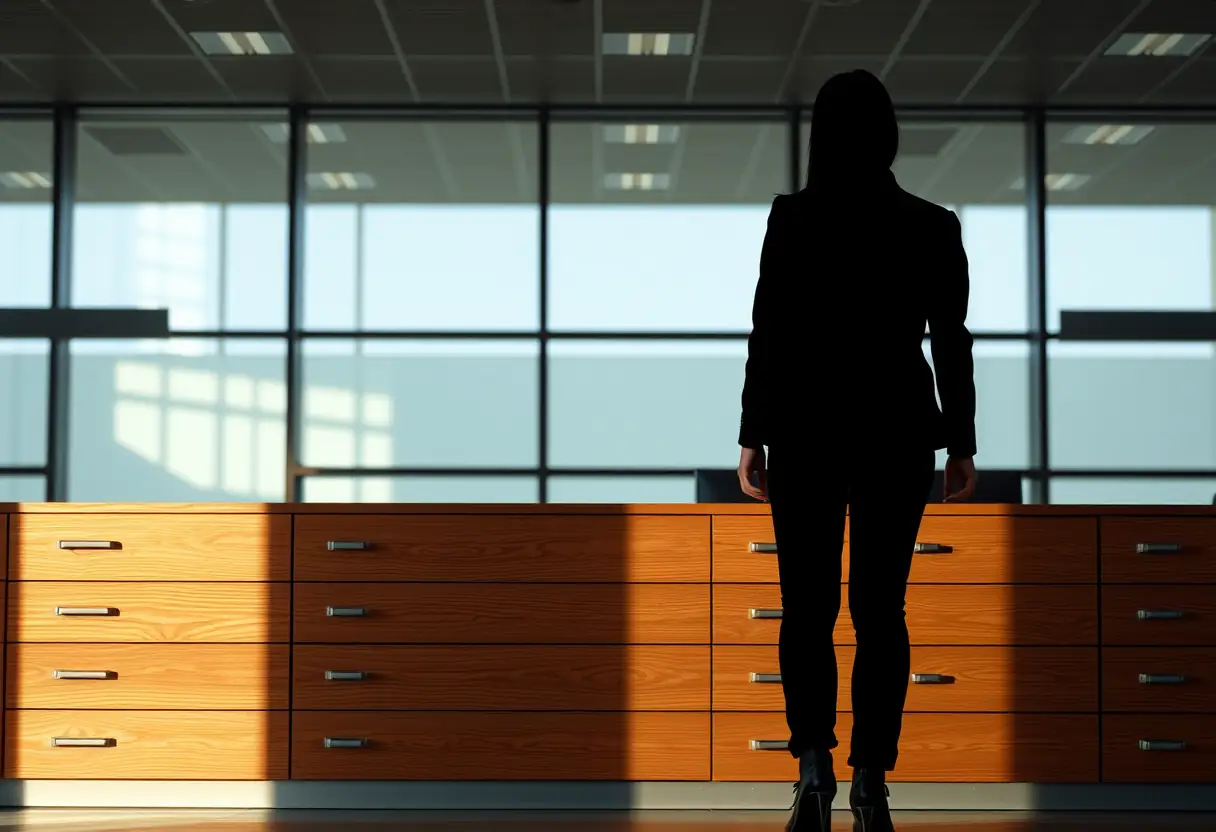 Un profil d'une personne se tenant derrière une rangée de tiroirs en bois fermés dans un bureau d'aéroport