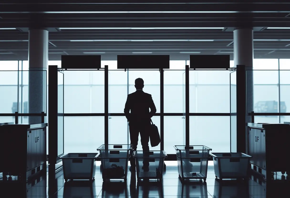 Une silhouette de personne devant un point de contrôle de sécurité à l'aéroport, avec plusieurs paniers de différents formats devant elle