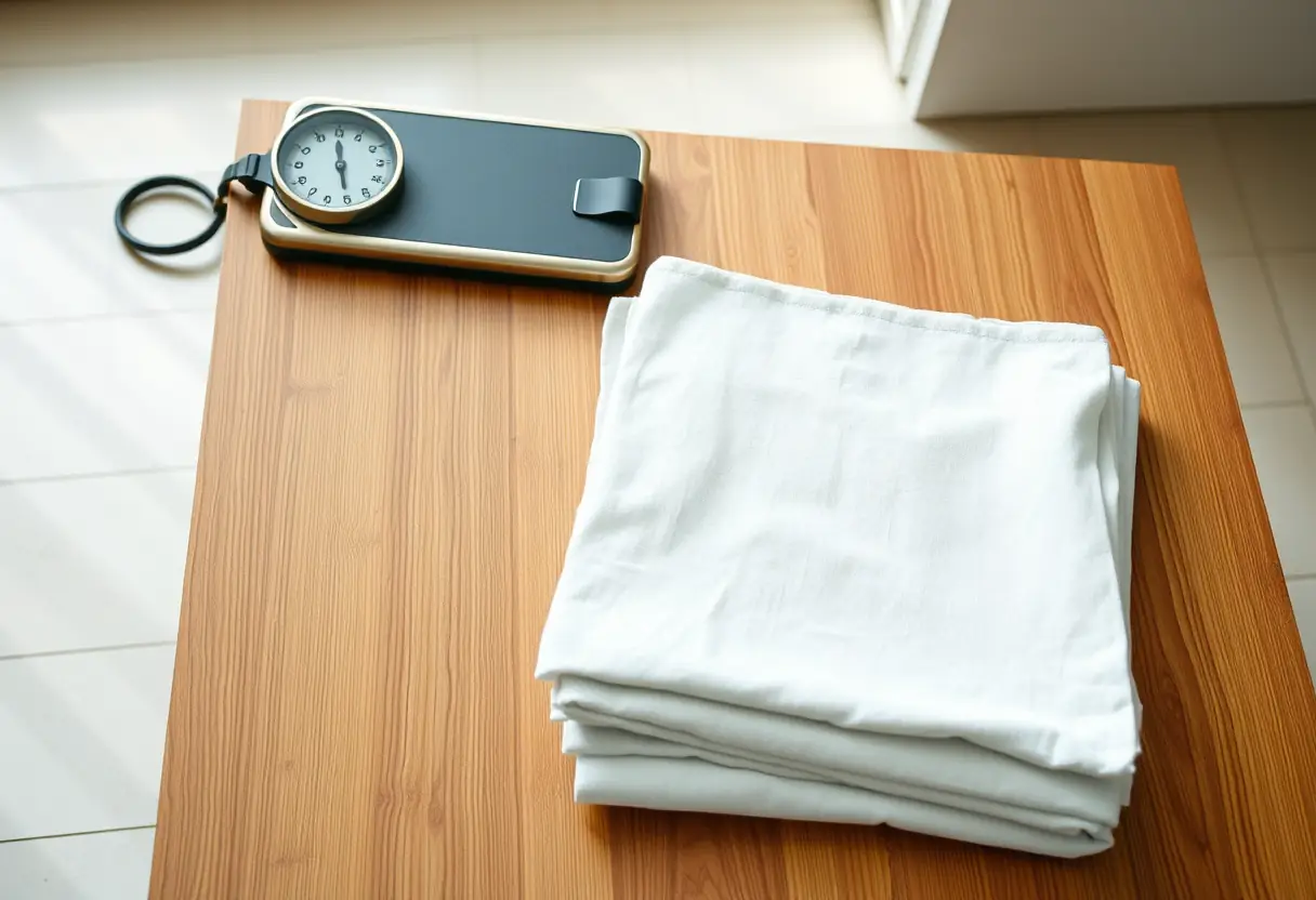 Un bout de tissu rectangulaire plié soigneusement sur une table en bois à côté d'une balance à bagages