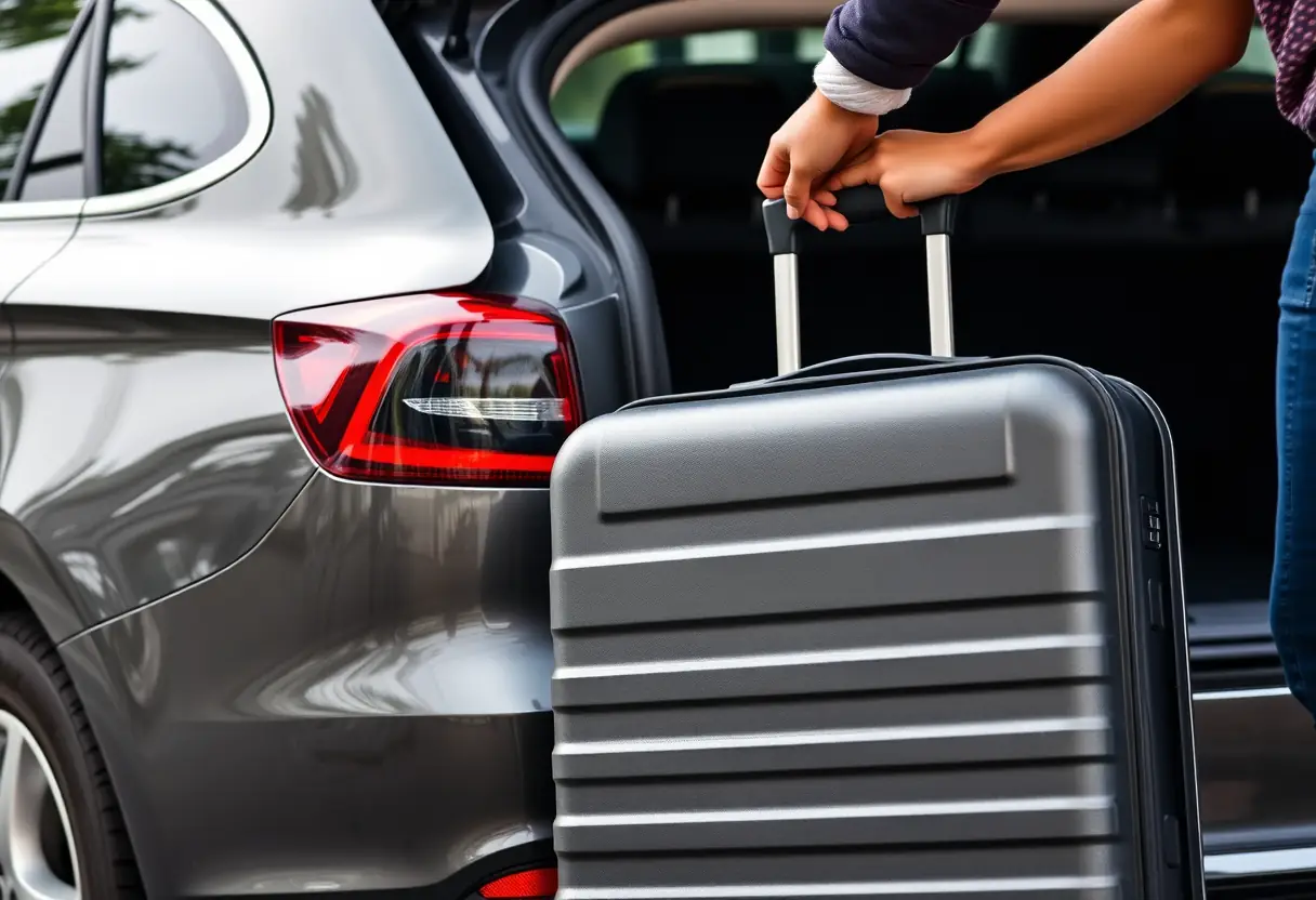 Une valise rigide posée à côté d'une portière de voiture, le coffre est partiellement ouvert, une main atteint pour le fermer