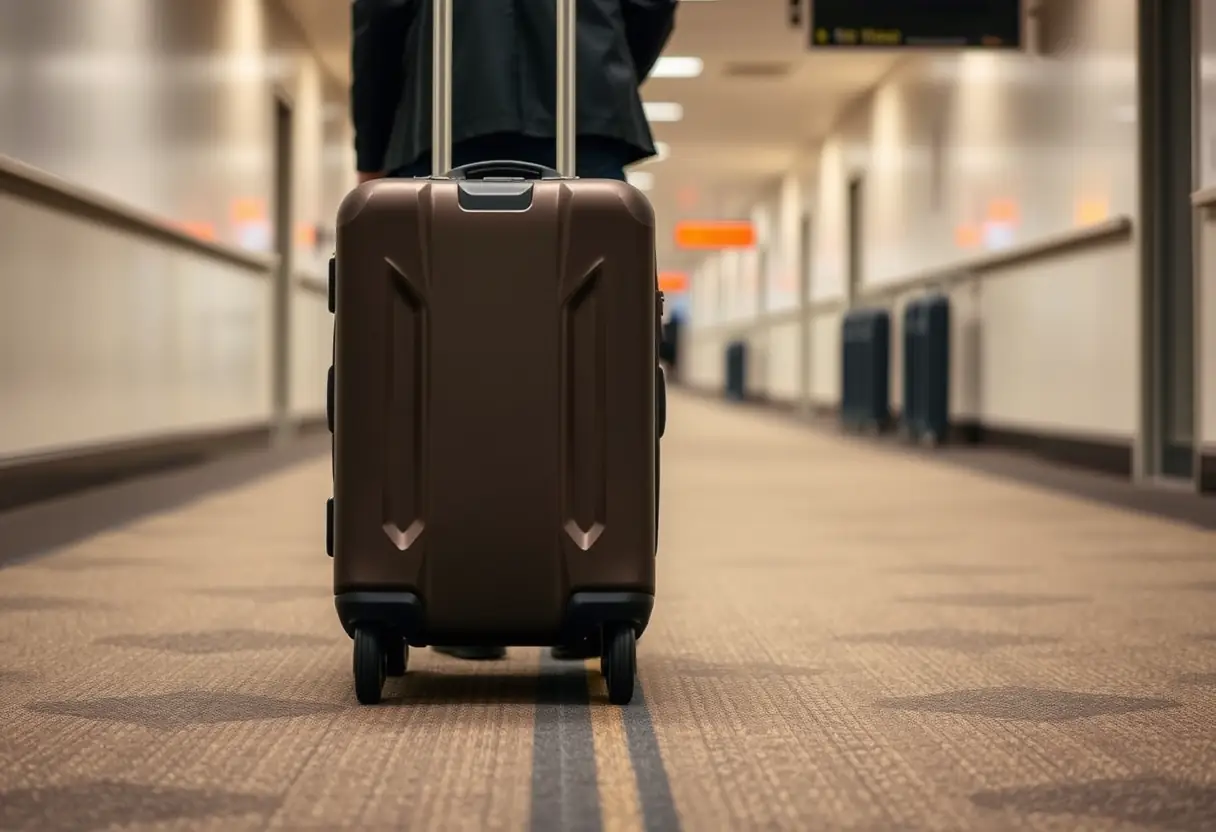Une valise fermée tirée le long d'un couloir d'aéroport par une personne vue de dos, les roues de la valise laissent des traces sur le tapis
