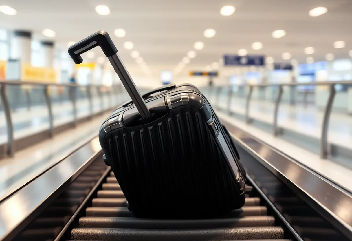 Une poignée télescopique sortant d'une valise cabine rigide sur un tapis de transport d'aéroport