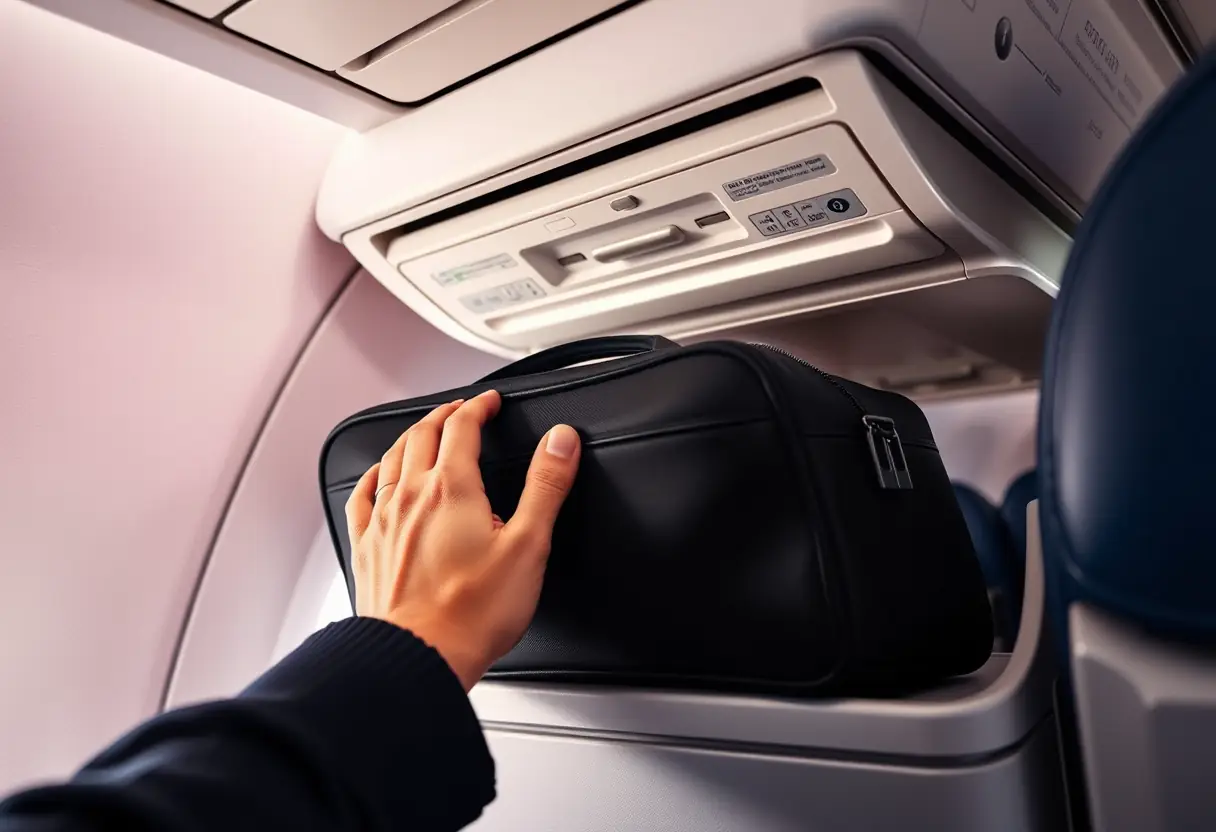 Une main posant une valise cabine souplesse dans un compartiment de soute au-dessus des sièges à bord d'un avion
