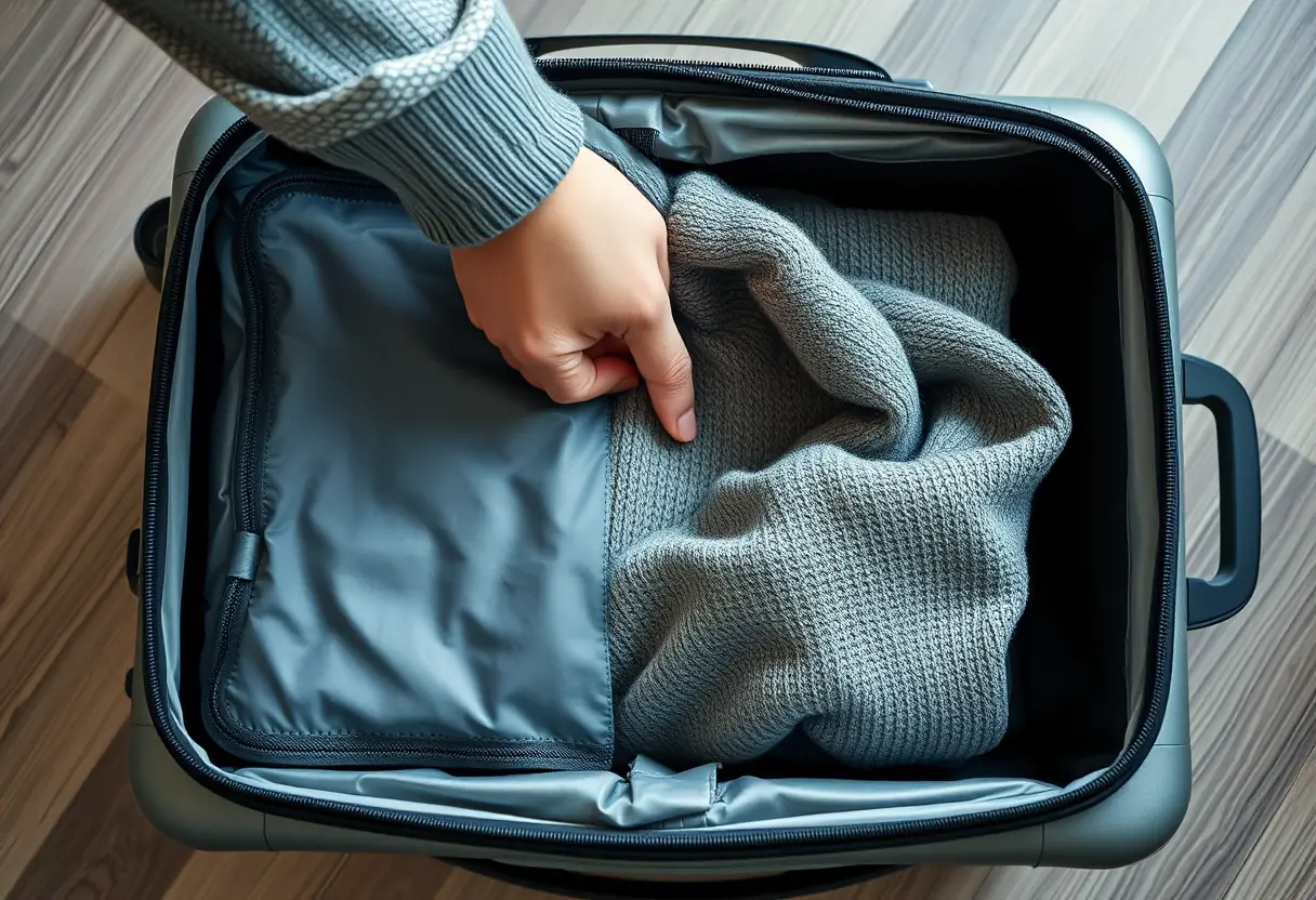La main d'une personne en train de ranger un pull plié dans une valise rigide ouverte