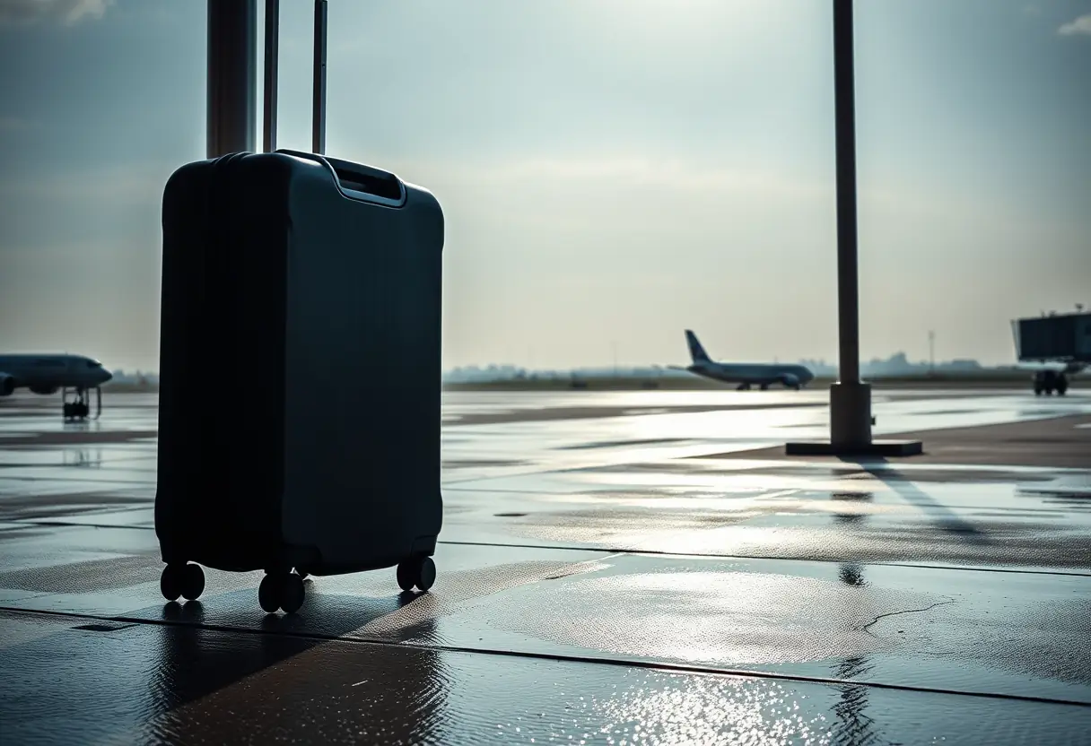 La roue d'une valise tournant sur une piste d'aéroport mouillée, la poignée appuyant contre un poteau, silhouettes d'avions à l'horizon