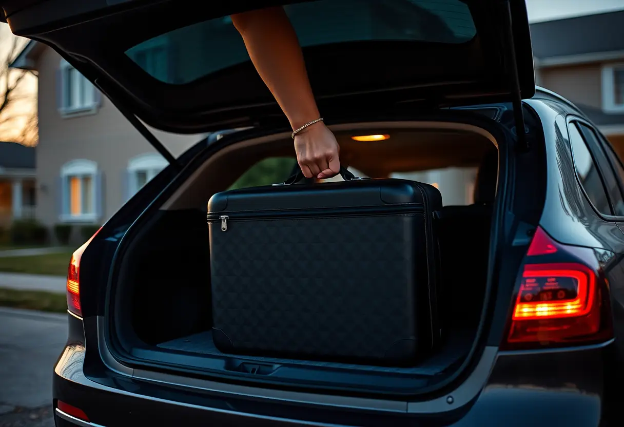 Une main enfonce une valise rectangulaire remplie dans le coffre d'une voiture stationnée devant une maison au crépuscule