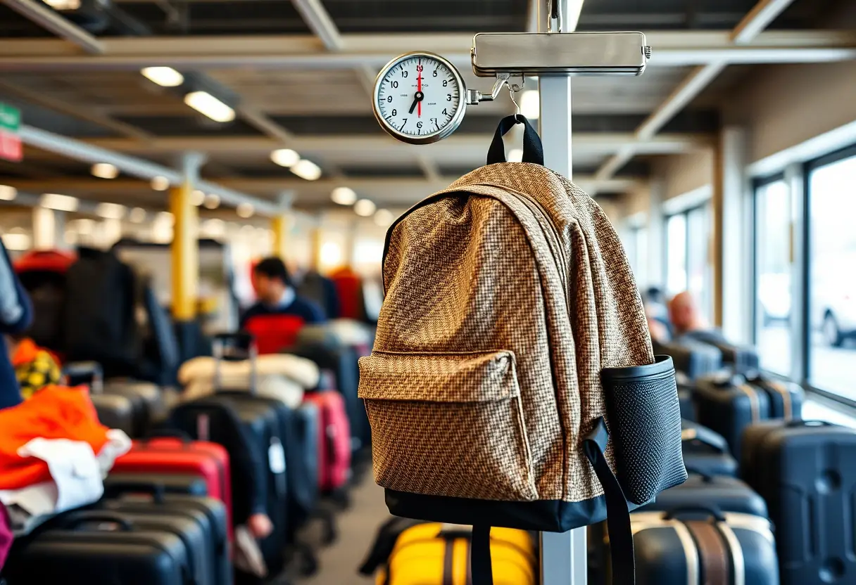 Un sac à dos en toile accroché à un porte-manteau près d'une balance dans une zone de stockage de bagages
