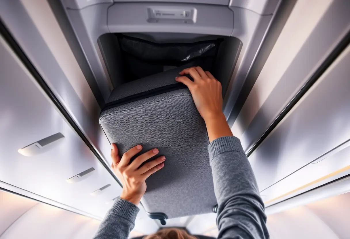 Une personne insère une valise souplesse dans un compartiment de rangement au-dessus des sièges dans la cabine d'un avion