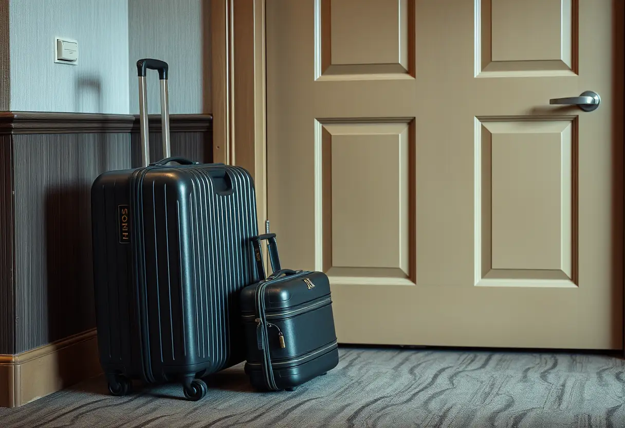 Une poignée télescopique s'étendant d'une valise posée près de la porte d'un hôtel, avec une petite valise reposant à côté