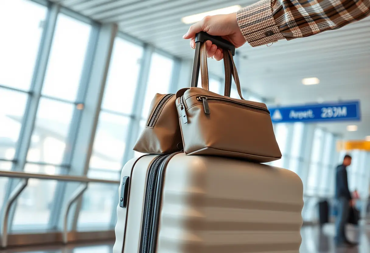 Une main refermant le zip d'une grande valise cabine, avec une autre plus petite accrochée au dessus, toutes deux à l'intérieur d'une zone de contrôle à l'aéroport