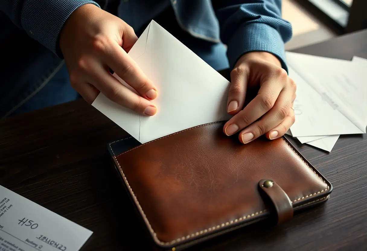 Un voyageur met un enveloppe dans un portefeuille en cuir posé sur un bureau