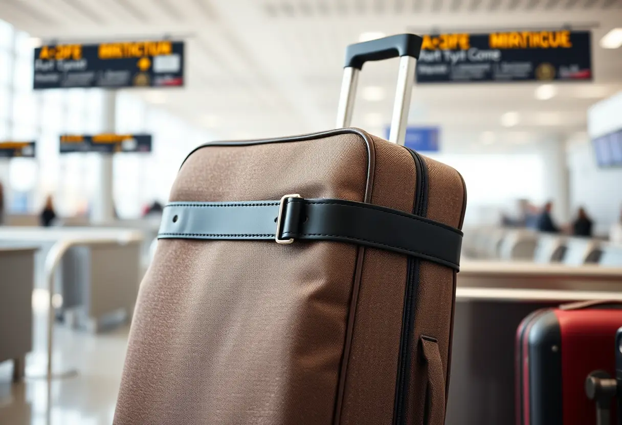 Une ceinture en cuir noir nouée autour d'une grande valise en toile, assurant sa solidité pour le transport, posée sur un comptoir d'enregistrement à l'aéroport