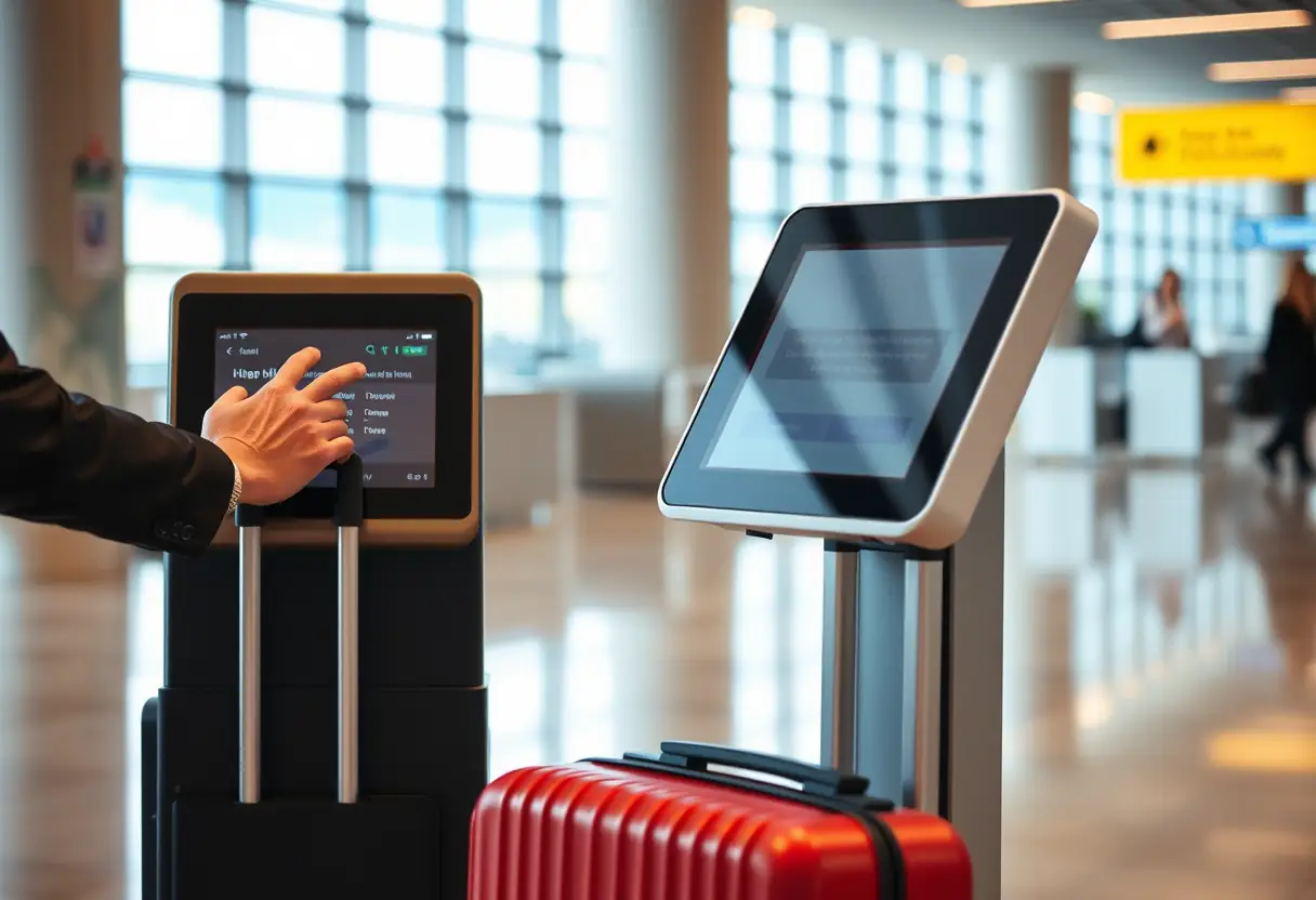 Une main poussant un bouton sur un kiosque tactile dans la salle d'attente de l'aéroport, la valise roulant à côté