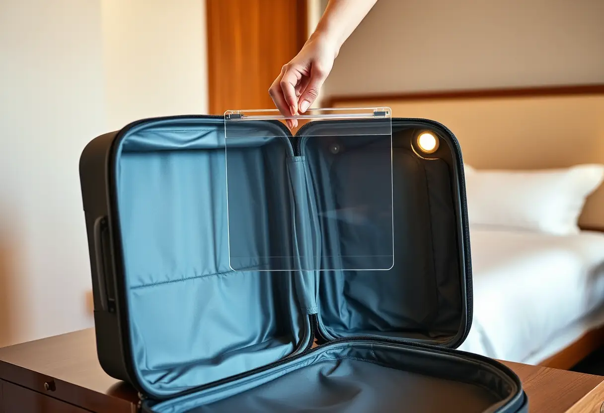 Une main posant un séparateur en plastique transparent entre deux moitiés d'une valise trolley ouverte sur un bureau de chambre d'hôtel