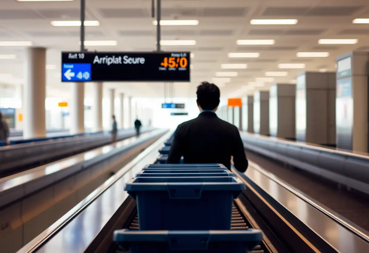 Un silhouetté se tenant derrière une rangée de paniers en plastique sur un tapis de sécurité à l'aéroport