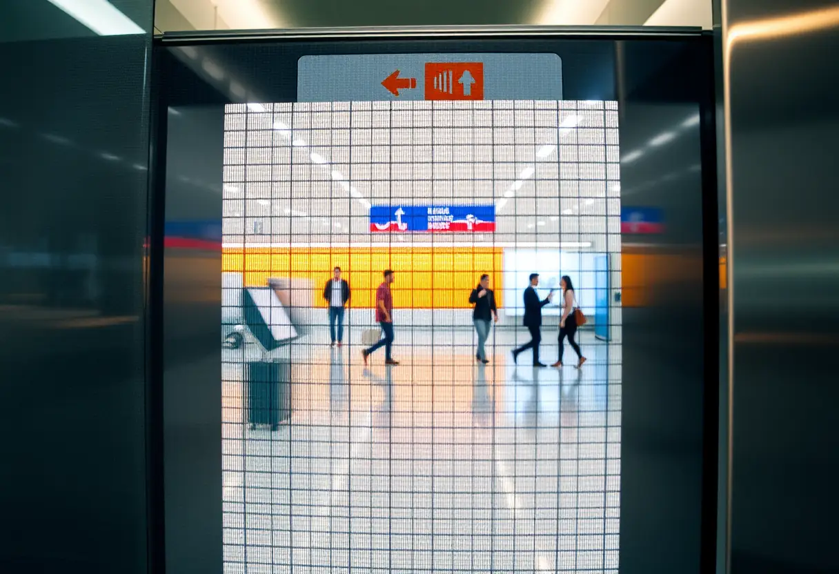 Vue rapprochée d'un écran de détecteur de métaux dans une zone de sécurité à l'aéroport, montrant un ensemble générique d'objets passant à travers