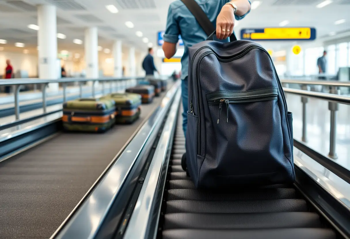 Un voyageur pose un sac à dos en toile sur une ceinture de bagages à l'aéroport, parmi d'autres valises déjà présentes
